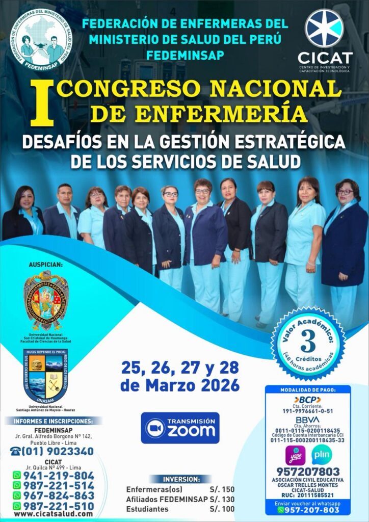 Estimados Secretarios Generales y profesionales de enfermería, muy buenas tardes. Les compartimos el flyer del I Congreso Nacional de Enfermería, un importante espacio de actualización y fortalecimiento académico para nuestra profesión. Este evento otorgará 03 créditos, los cuales serán válidos para la evaluación de desempeño laboral semestral. Invitamos a todas nuestras enfermeras y enfermeros a participar activamente y ser parte de este encuentro nacional que contribuirá al crecimiento profesional y al fortalecimiento de nuestro gremio. Muchas gracias.